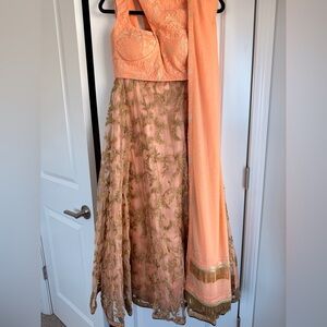 Peach and Gold Embroidered Lehenga Set